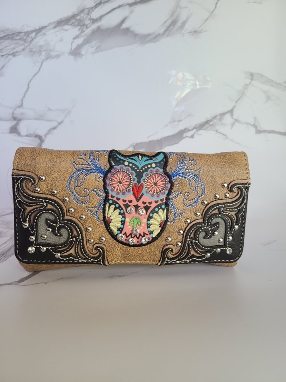 Gold Floral Sugar Skull Embellished Women's Wallet
